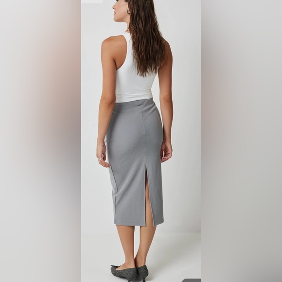 Back Slit Pencil Skirt - Stretch Rib Jersey Knit - Midi - Bodycon - Light Grey - Picture 3 of 13